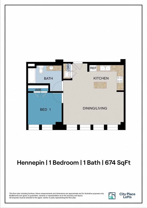 A floor plan for a 674 square foot home with one bedroom, one bath, and one kitchen.